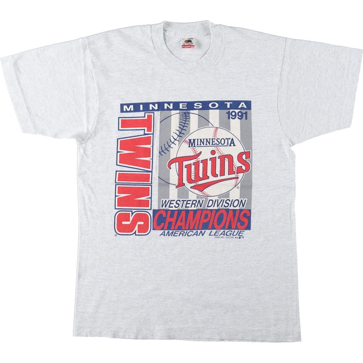 90'S Fruit of the Loom MLB Minnesota Twins Sports Print T-Shirt, Made in USA, Men's Size L (approx.), Vintage cotton gray type Vintage Second Hand