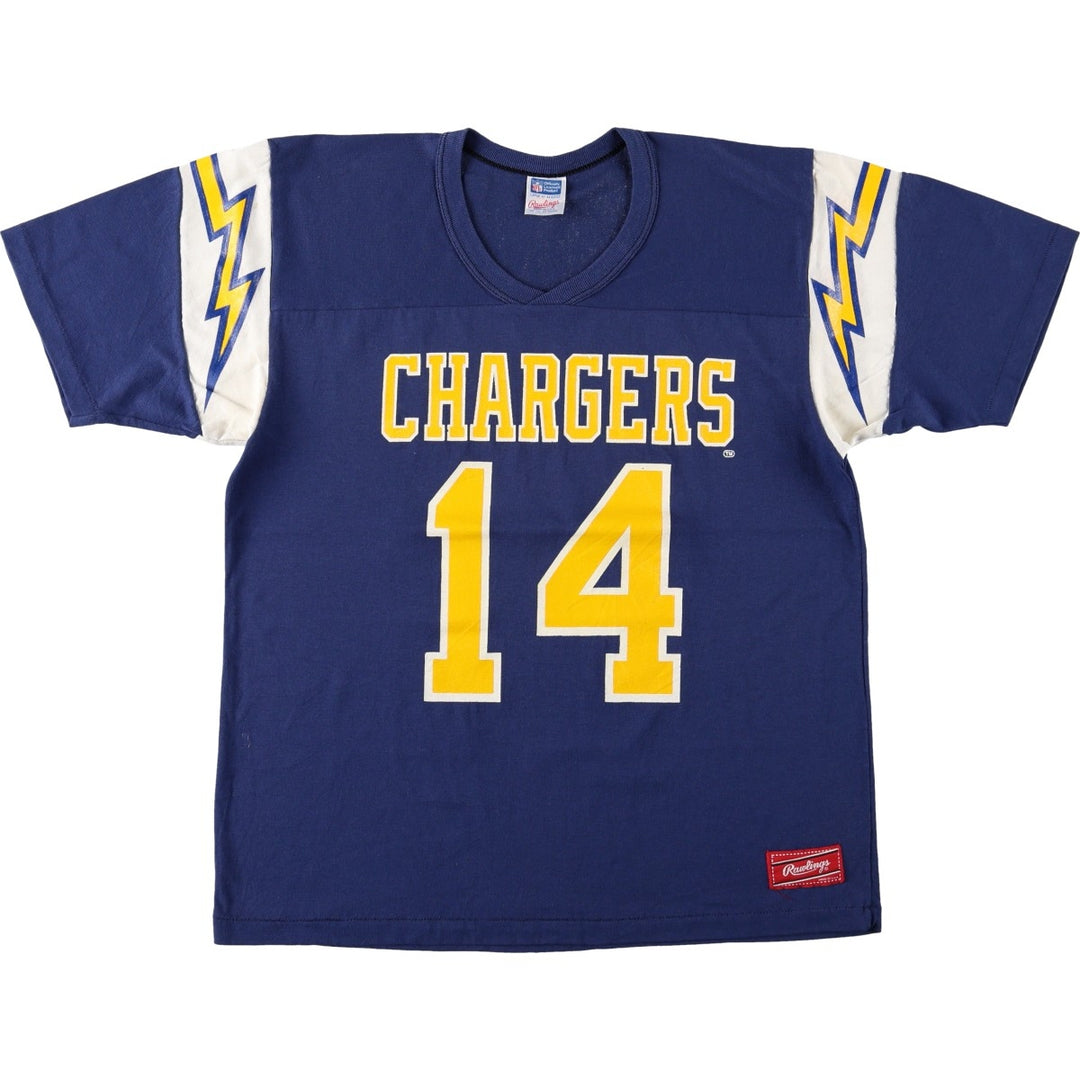 Rawlings NFL Los Angeles Chargers V-neck sports print T-shirt, Made in USA, Men's size L equivalent, Vintage. polyester navy blue type Vintage Second Hand