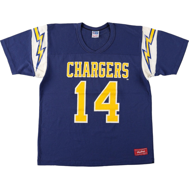 Rawlings NFL Los Angeles Chargers V-neck sports print T-shirt, Made in USA, Men's size L equivalent, Vintage. polyester navy blue type Vintage Second Hand