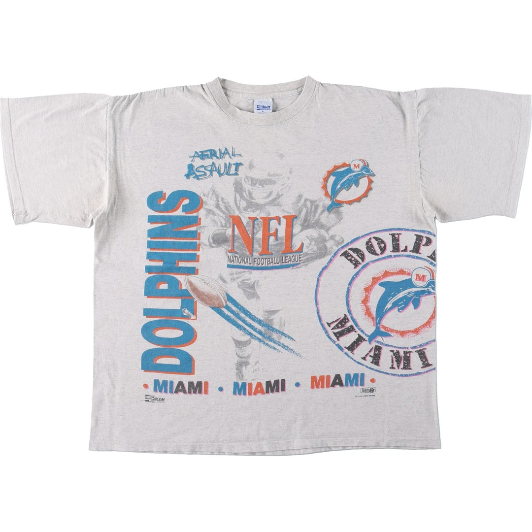 90'S SALEM NFL Miami Dolphins Sports Print T-Shirt, Made in USA, Men's XL equivalent, Vintage cotton gray type Vintage Second Hand
