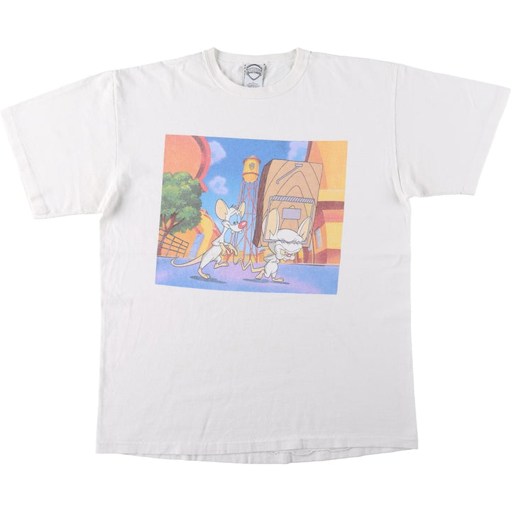 90'S Animaniacs Pinky and the Brain Character Print T-Shirt, Made in USA, Men's Size L (Equivalent), Vintage cotton white type Vintage Second Hand