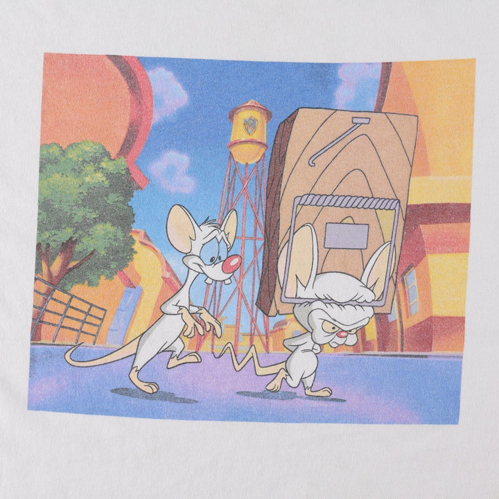 90'S Animaniacs Pinky and the Brain Character Print T-Shirt, Made in USA, Men's Size L (Equivalent), Vintage cotton white type Vintage Second Hand