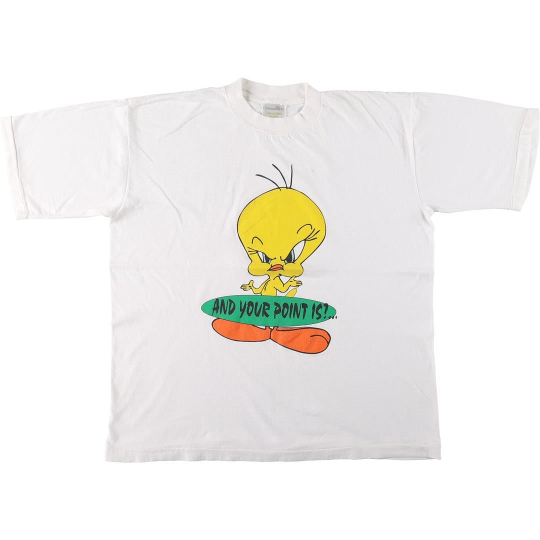 COMFORTEES LOONEY TUNES Tweety Character Print T-Shirt (Men's XL equivalent) cotton white type Vintage Second Hand