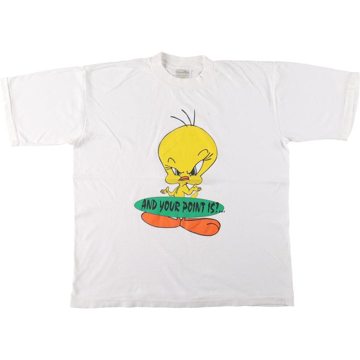 COMFORTEES LOONEY TUNES Tweety Character Print T-Shirt (Men's XL equivalent) cotton white type Vintage Second Hand