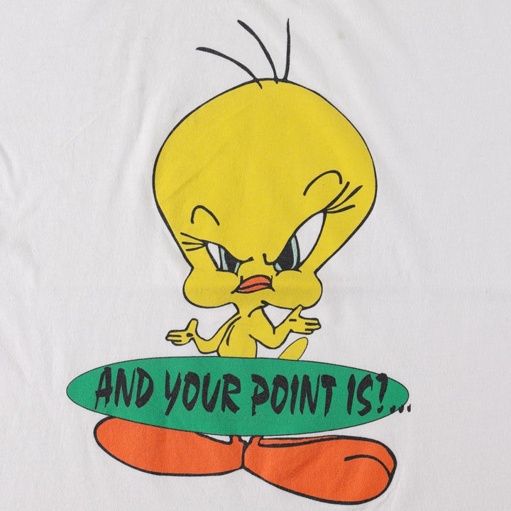 COMFORTEES LOONEY TUNES Tweety Character Print T-Shirt (Men's XL equivalent) cotton white type Vintage Second Hand