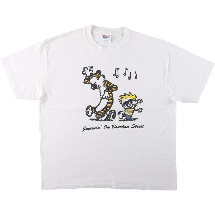 90'S Hanes Calvin & Hobbs character print T-shirt, Made in USA, Men's XL equivalent, Vintage cotton white type Vintage Second Hand