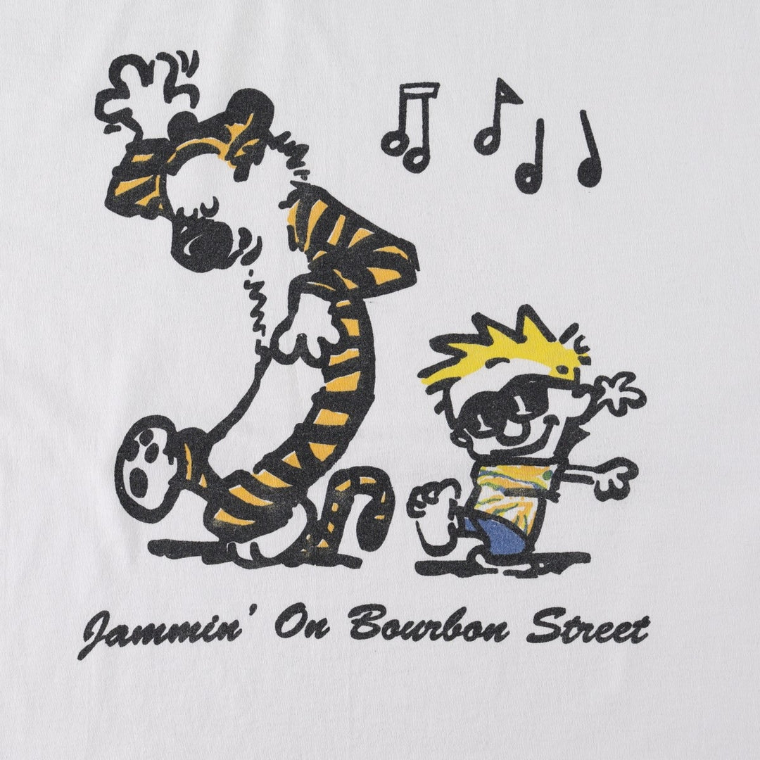 90'S Hanes Calvin & Hobbs character print T-shirt, Made in USA, Men's XL equivalent, Vintage cotton white type Vintage Second Hand
