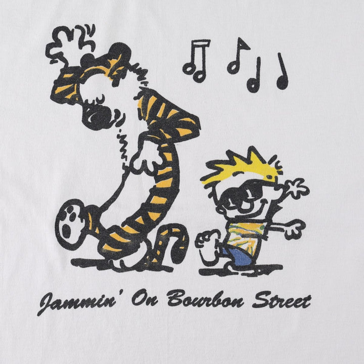 90'S Hanes Calvin & Hobbs character print T-shirt, Made in USA, Men's XL equivalent, Vintage cotton white type Vintage Second Hand