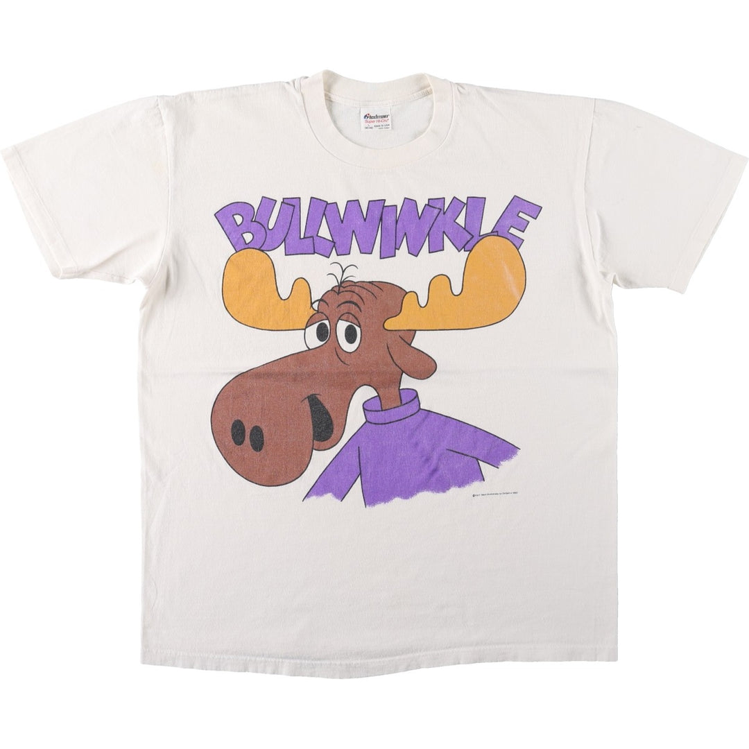 90'S Stedman character print T-shirt, made in USA, men's size L equivalent, Rocky and Bullwinkle's Adventures, vintage. cotton white type Vintage Second Hand
