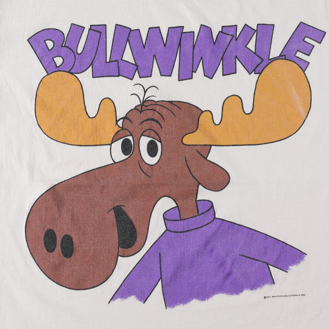 90'S Stedman character print T-shirt, made in USA, men's size L equivalent, Rocky and Bullwinkle's Adventures, vintage. cotton white type Vintage Second Hand