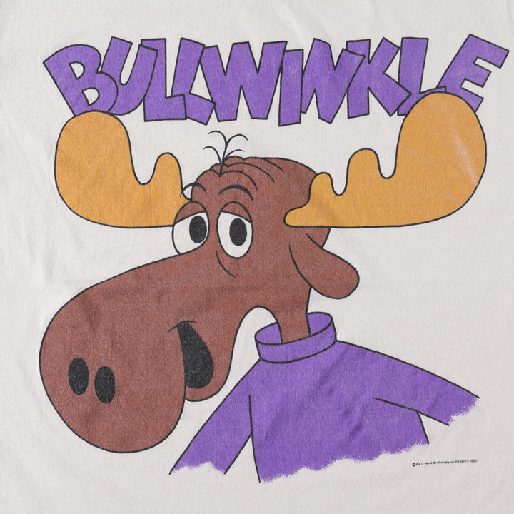 90'S Stedman character print T-shirt, made in USA, men's size L equivalent, Rocky and Bullwinkle's Adventures, vintage. cotton white type Vintage Second Hand