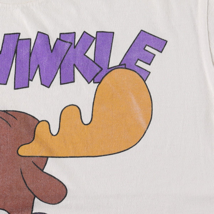 90'S Stedman character print T-shirt, made in USA, men's size L equivalent, Rocky and Bullwinkle's Adventures, vintage. cotton white type Vintage Second Hand