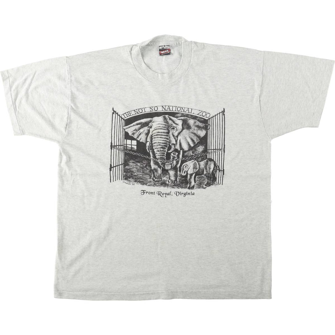 90'S Fruit of the Loom Best Elephant Print Animal T-Shirt, Made in USA, Men's XL equivalent, Vintage cotton gray type Vintage Second Hand