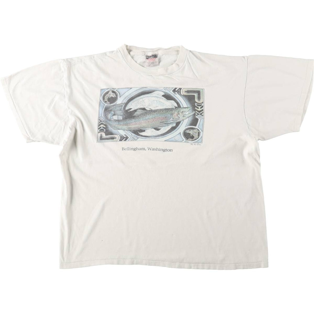 90'S ONEITA POWER-T Fish Print Animal T-Shirt Men's XL (approx.) Vintage cotton white type Vintage Second Hand