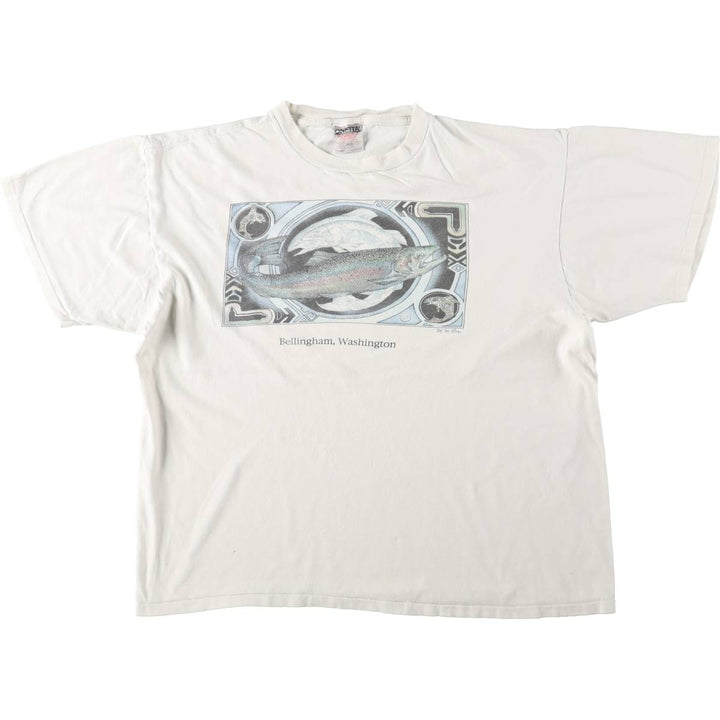 90'S ONEITA POWER-T Fish Print Animal T-Shirt Men's XL (approx.) Vintage cotton white type Vintage Second Hand
