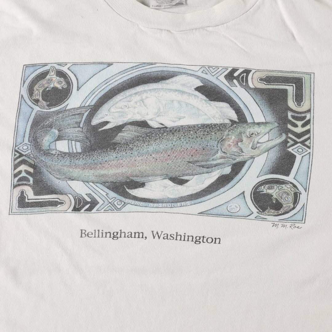 90'S ONEITA POWER-T Fish Print Animal T-Shirt Men's XL (approx.) Vintage cotton white type Vintage Second Hand
