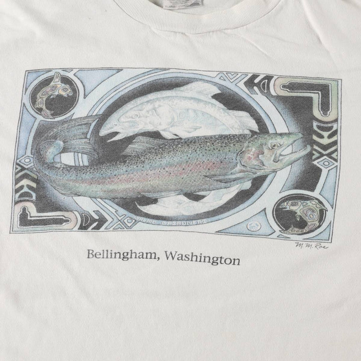 90'S ONEITA POWER-T Fish Print Animal T-Shirt Men's XL (approx.) Vintage cotton white type Vintage Second Hand