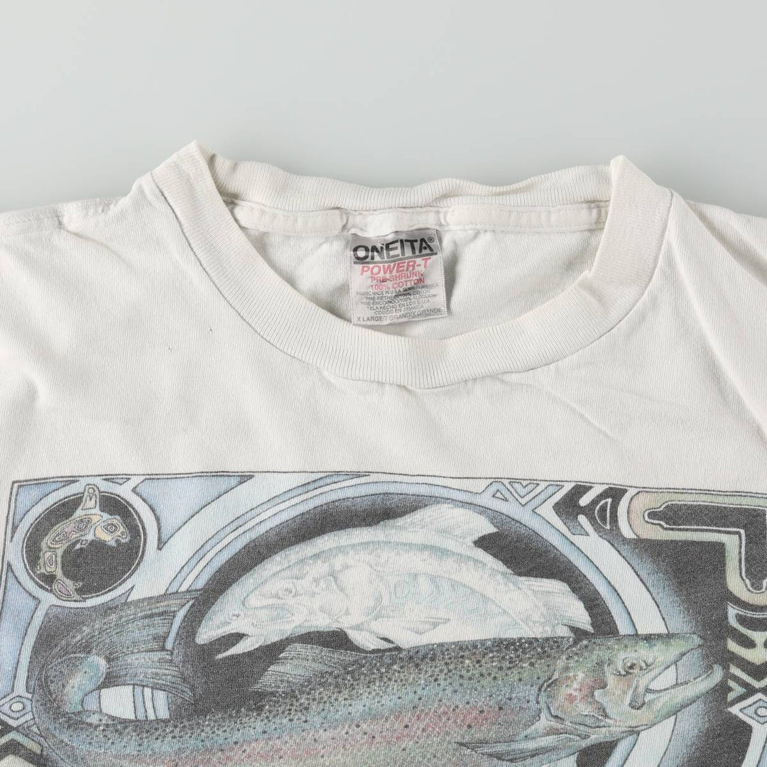 90'S ONEITA POWER-T Fish Print Animal T-Shirt Men's XL (approx.) Vintage cotton white type Vintage Second Hand