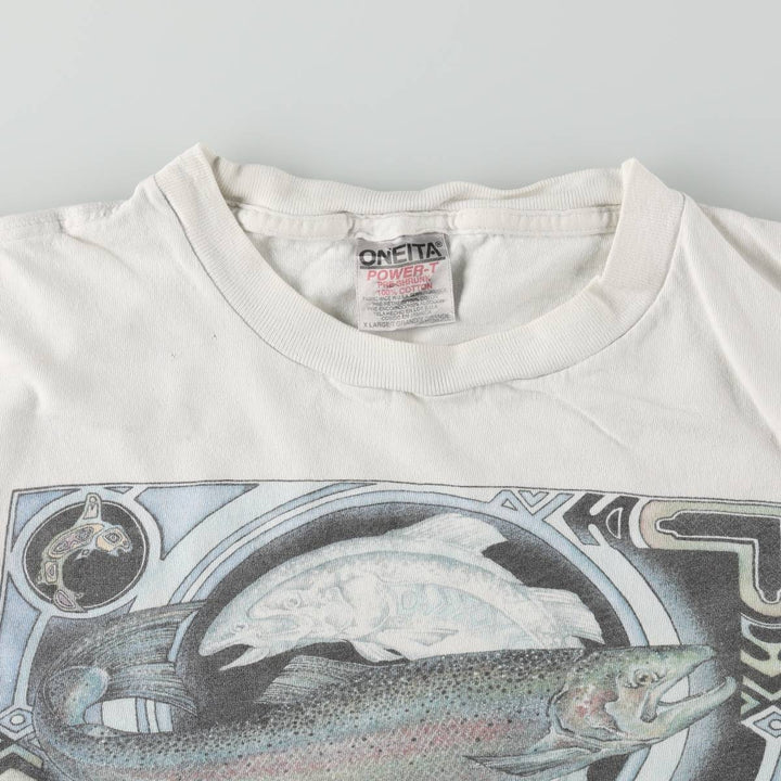 90'S ONEITA POWER-T Fish Print Animal T-Shirt Men's XL (approx.) Vintage cotton white type Vintage Second Hand