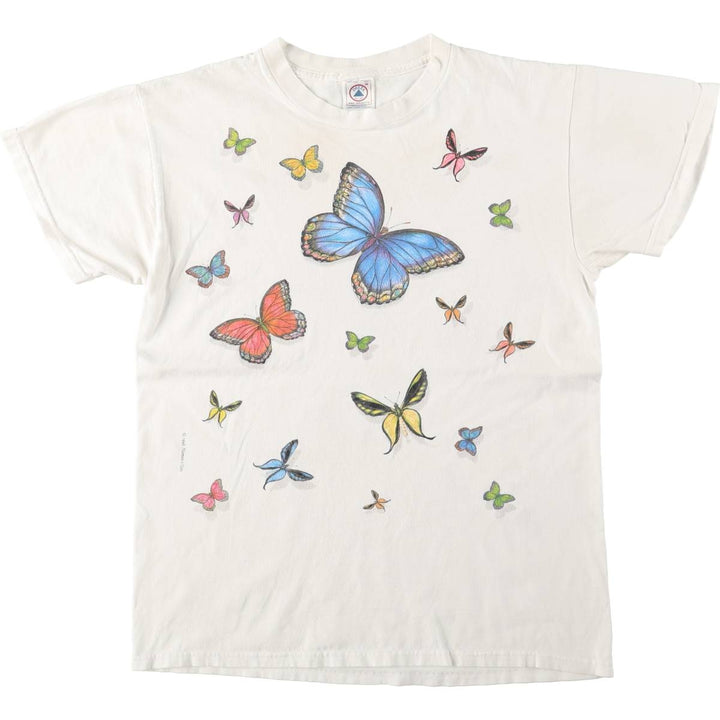 90'S Delta PRO WEIGHT butterfly print animal t-shirt, men's size M equivalent, vintage. cotton white type Vintage Second Hand