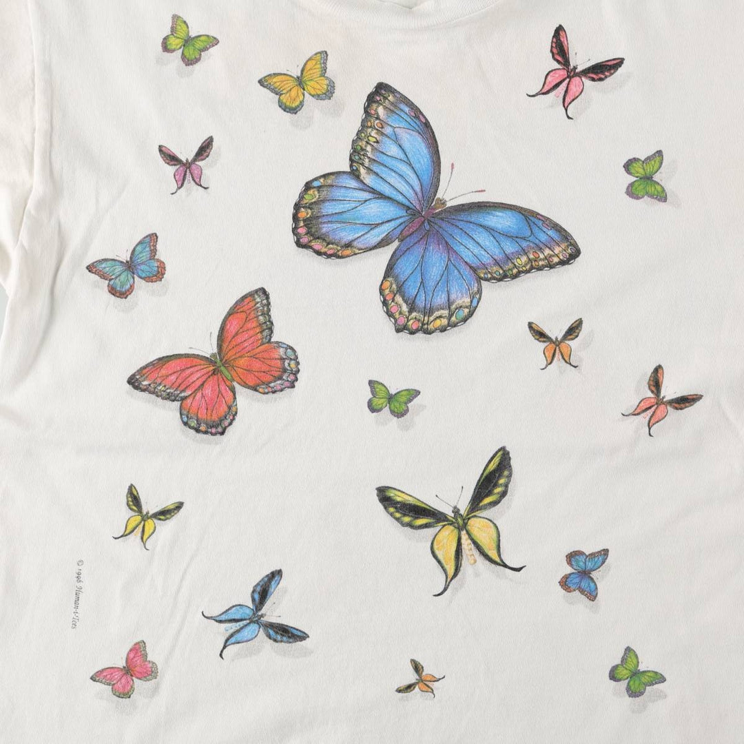 90'S Delta PRO WEIGHT butterfly print animal t-shirt, men's size M equivalent, vintage. cotton white type Vintage Second Hand
