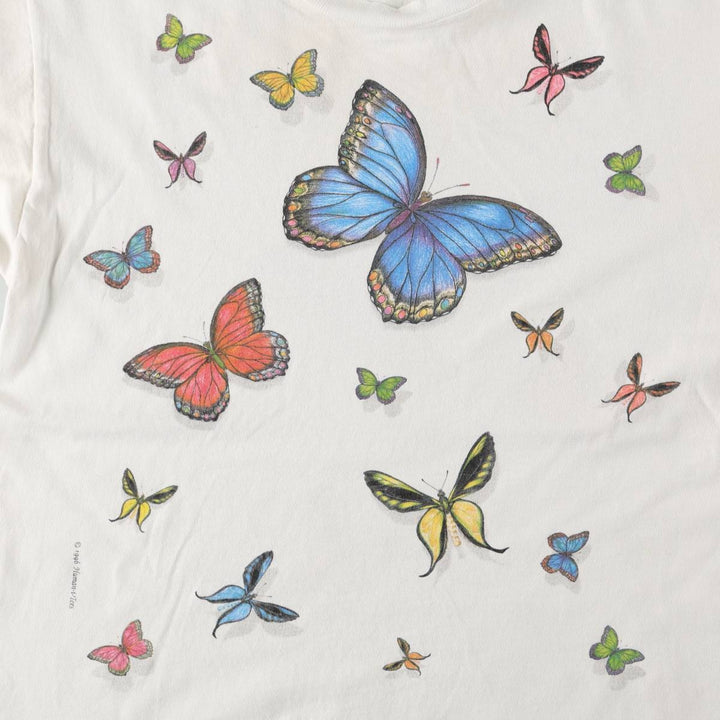 90'S Delta PRO WEIGHT butterfly print animal t-shirt, men's size M equivalent, vintage. cotton white type Vintage Second Hand