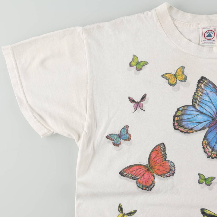 90'S Delta PRO WEIGHT butterfly print animal t-shirt, men's size M equivalent, vintage. cotton white type Vintage Second Hand