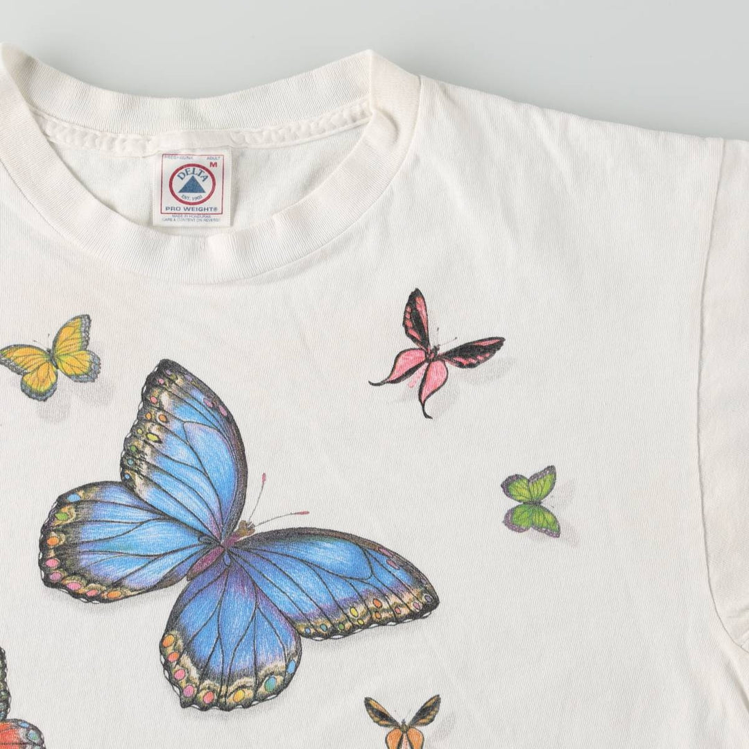 90'S Delta PRO WEIGHT butterfly print animal t-shirt, men's size M equivalent, vintage. cotton white type Vintage Second Hand