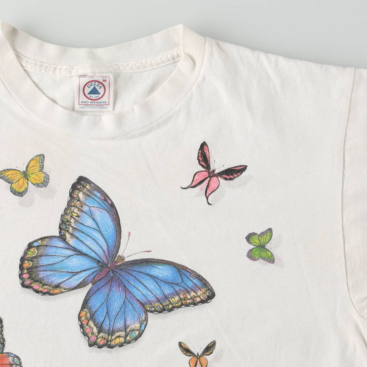 90'S Delta PRO WEIGHT butterfly print animal t-shirt, men's size M equivalent, vintage. cotton white type Vintage Second Hand