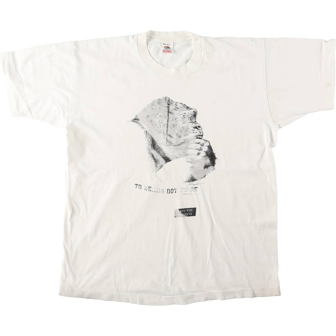 90'S Fruit of the Loom Gorilla Pattern Animal T-Shirt, Made in USA, Men's XL equivalent, Vintage cotton white type Vintage Second Hand