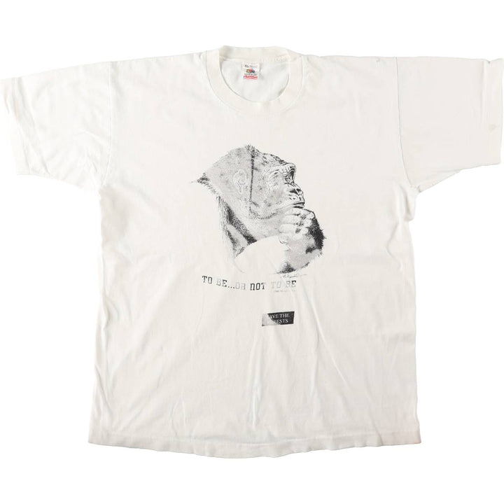 90'S Fruit of the Loom Gorilla Pattern Animal T-Shirt, Made in USA, Men's XL equivalent, Vintage cotton white type Vintage Second Hand