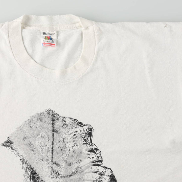 90'S Fruit of the Loom Gorilla Pattern Animal T-Shirt, Made in USA, Men's XL equivalent, Vintage cotton white type Vintage Second Hand
