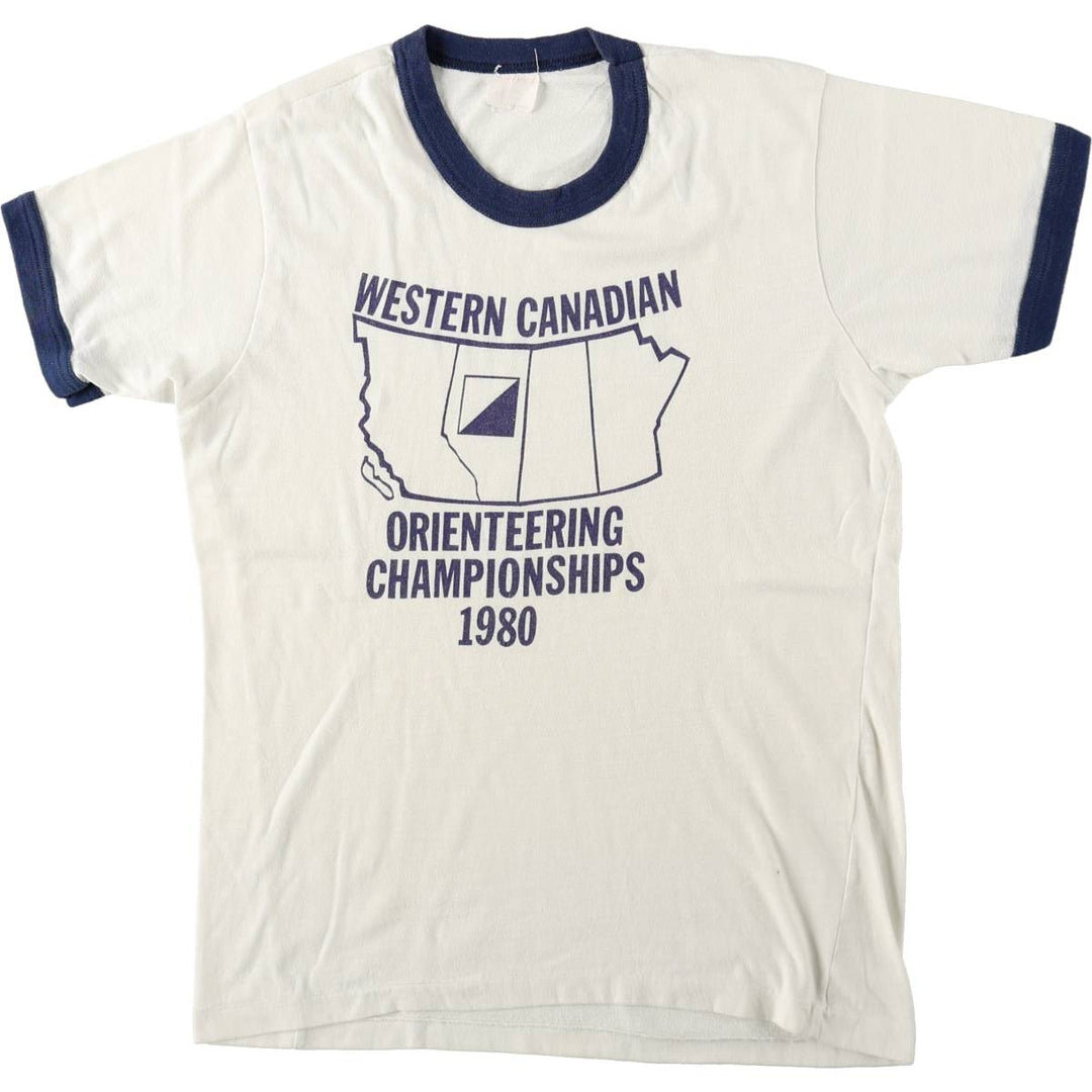 1980'S WCOC1980 Western Canadian Orienteering Championships Ringer T-Shirt, Men's Size S (Equivalent), Vintage unclear white type Vintage Second Hand