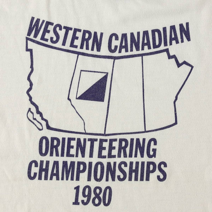 1980'S WCOC1980 Western Canadian Orienteering Championships Ringer T-Shirt, Men's Size S (Equivalent), Vintage unclear white type Vintage Second Hand