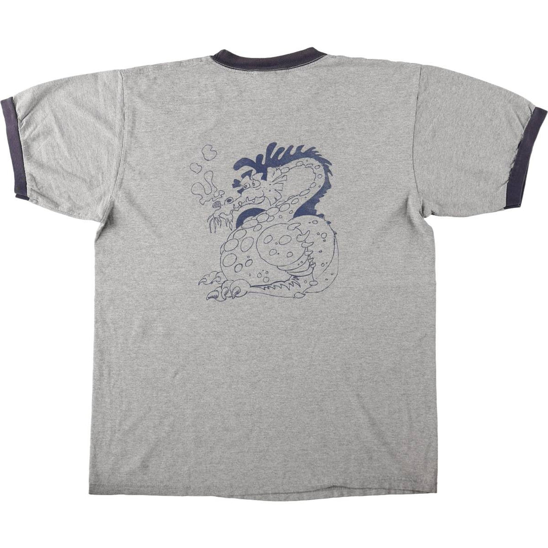 2000'S Anvil Dragon Pattern Ringer T-Shirt (Men's Size L) cotton gray type Vintage Second Hand