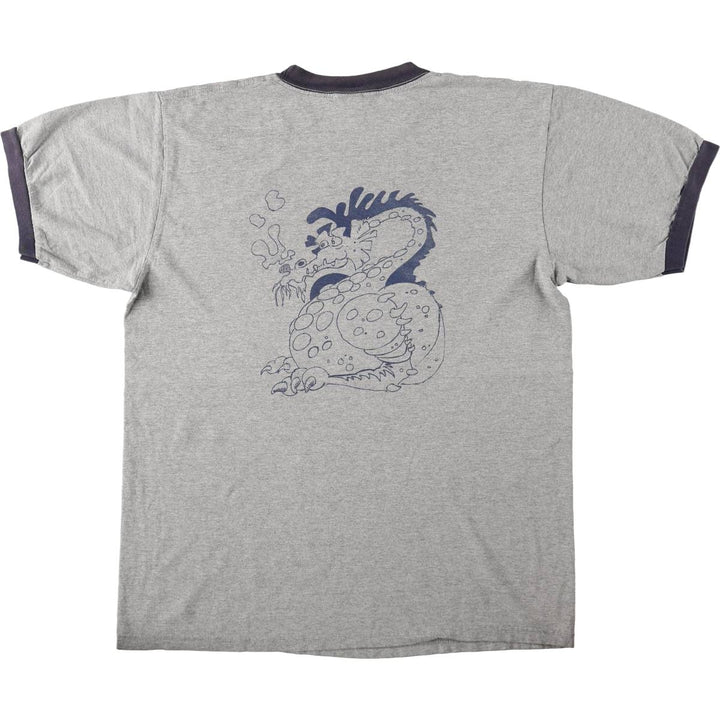 2000'S Anvil Dragon Pattern Ringer T-Shirt (Men's Size L) cotton gray type Vintage Second Hand
