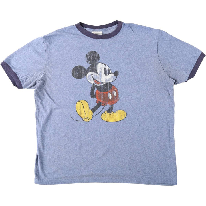 Disney MICKEY MOUSE Ringer T-shirt, Character Print T-shirt, Men's XL (approx.) cotton blue type Vintage Second Hand