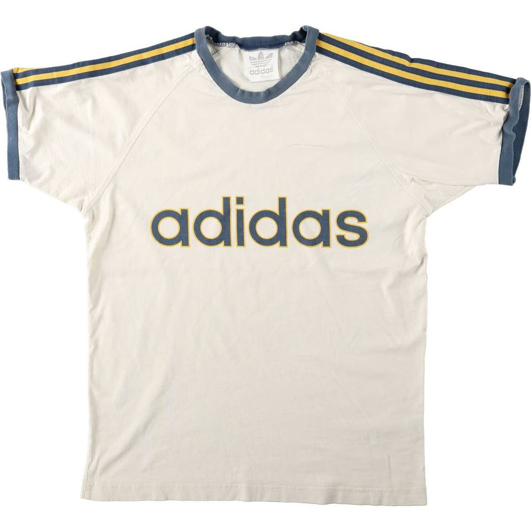 80'S Adidas ringer t-shirt with large logo, men's size M equivalent, vintage. cotton ivory Vintage Second Hand