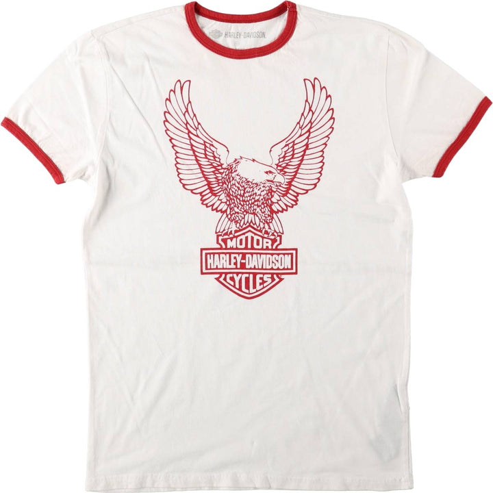Harley-Davidson Eagle Pattern Motorcycle Ringer T-Shirt, Men's Size M (approx.) cotton white type Vintage Second Hand