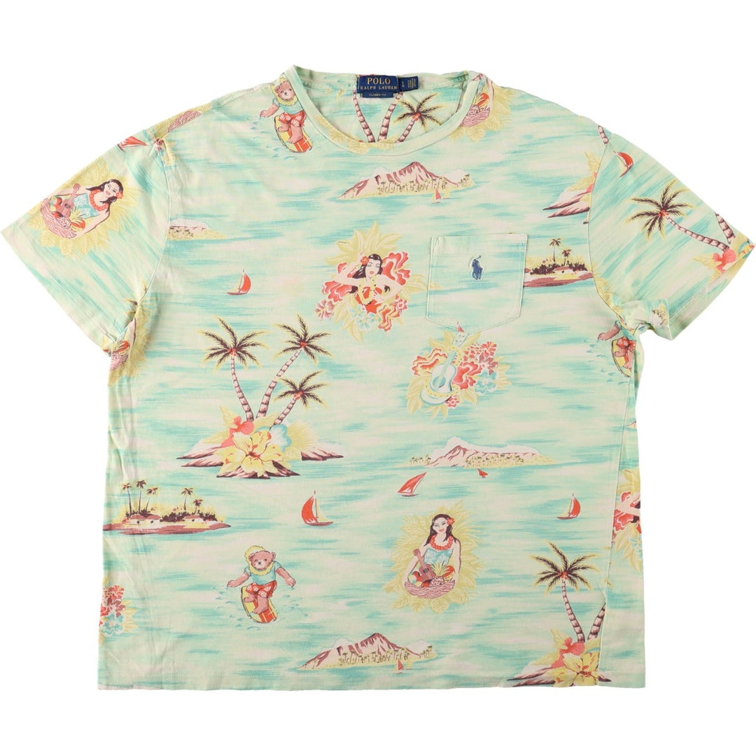 Ralph Lauren POLO RALPH LAUREN CLASSIC FIT All-over print short-sleeved printed T-shirt, men's size L equivalent. cotton green type yellow green Vintage Second Hand