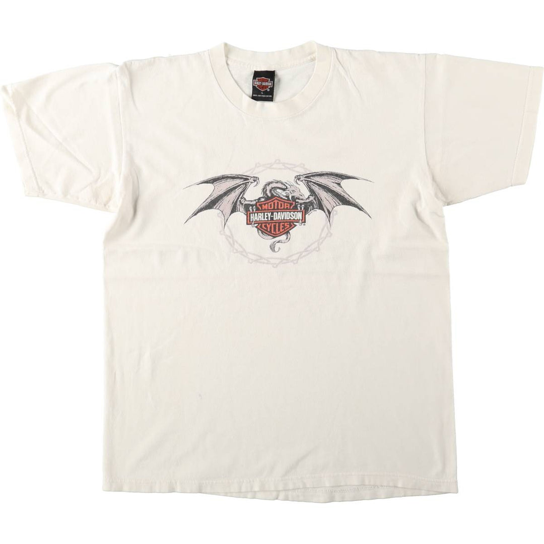 90'S Harley-Davidson Dragon Pattern Fire Pattern Motorcycle T-Shirt, Made in USA, Men's Size L (approx.) cotton white type Vintage Second Hand