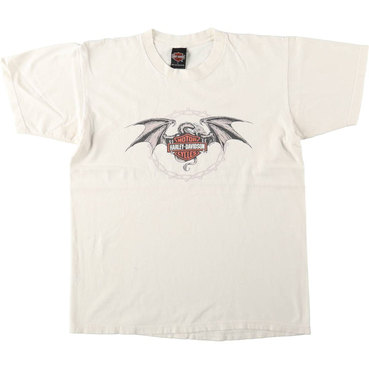 90'S Harley-Davidson Dragon Pattern Fire Pattern Motorcycle T-Shirt, Made in USA, Men's Size L (approx.) cotton white type Vintage Second Hand