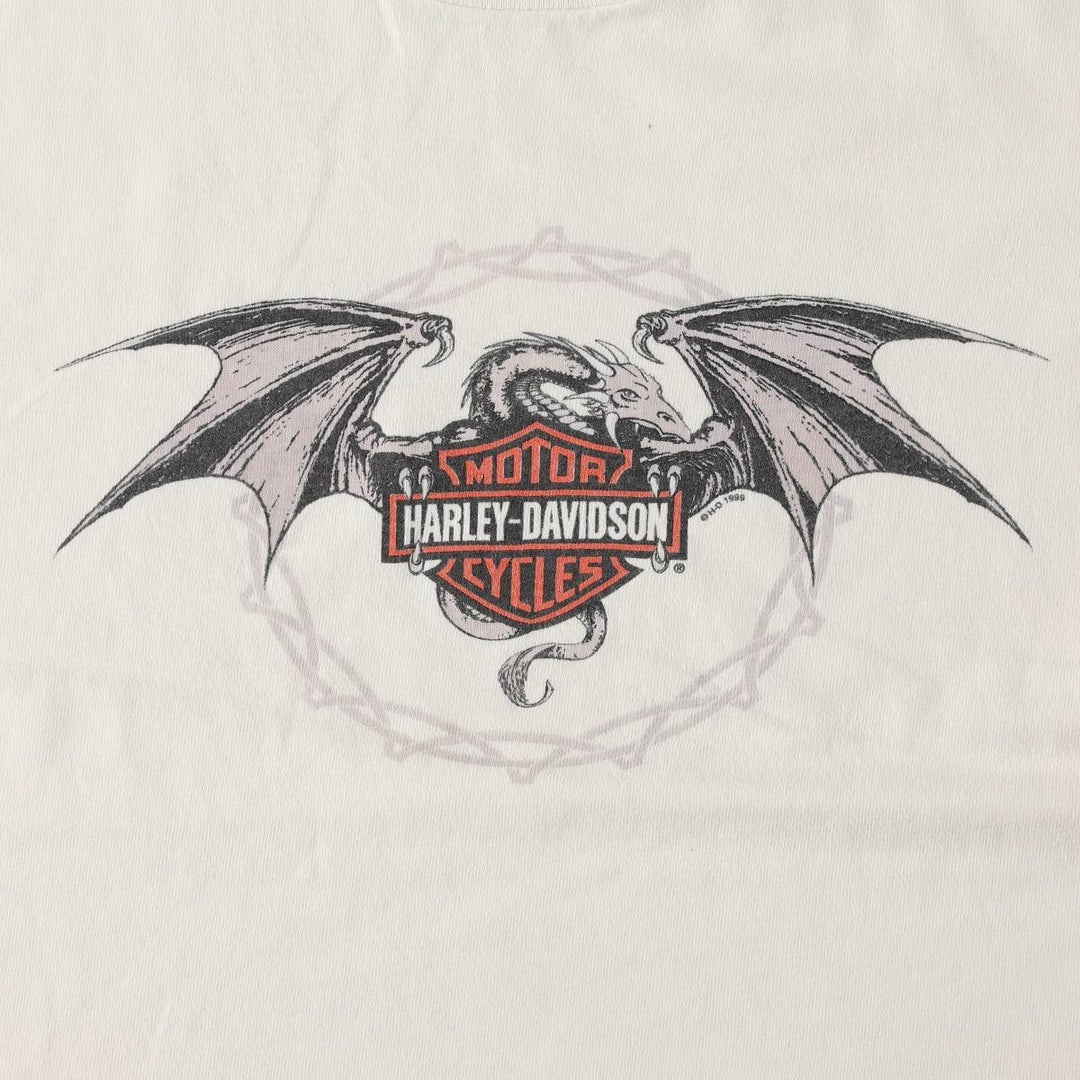 90'S Harley-Davidson Dragon Pattern Fire Pattern Motorcycle T-Shirt, Made in USA, Men's Size L (approx.) cotton white type Vintage Second Hand