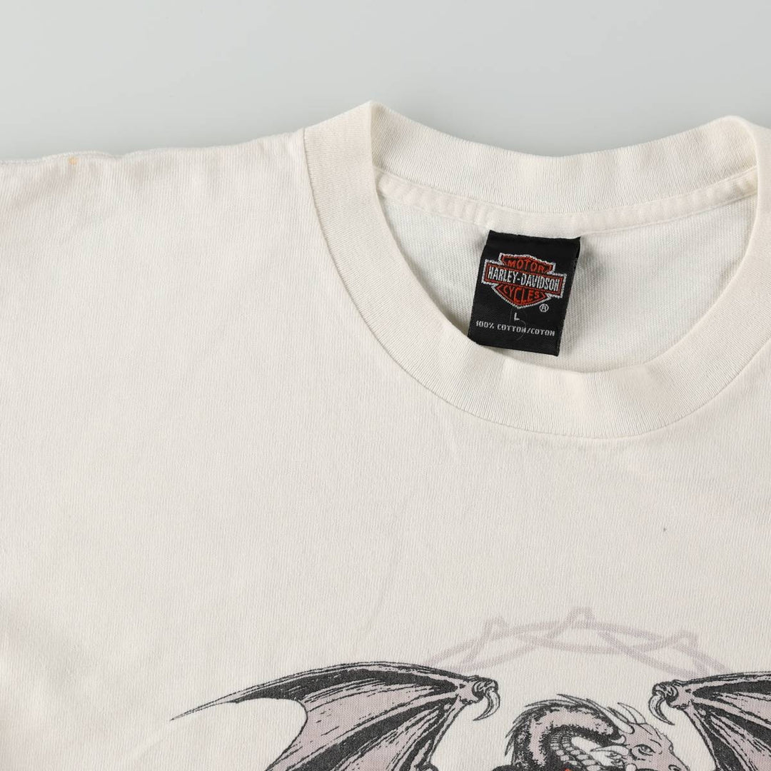 90'S Harley-Davidson Dragon Pattern Fire Pattern Motorcycle T-Shirt, Made in USA, Men's Size L (approx.) cotton white type Vintage Second Hand