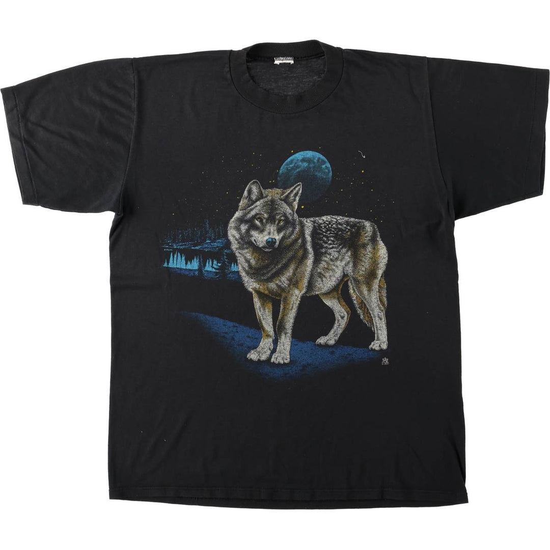 90'S Wolf Pattern Animal T-Shirt, Men's Size M (Equivalent), Vintage unclear black type Vintage Second Hand