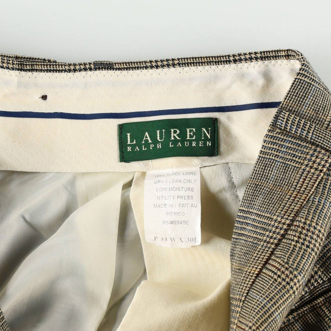 Ralph Lauren LAUREN Check Pattern Houndstooth Pattern Two-Pleat Wool Trousers Slacks Men's W34 (approx.) wool Beige type Vintage Second Hand