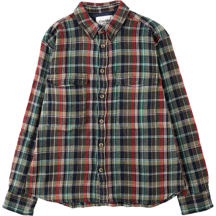 Corridor Long-Sleeve Cotton Check Shirt, Men's Size L (approx.) cotton navy blue type Vintage Second Hand