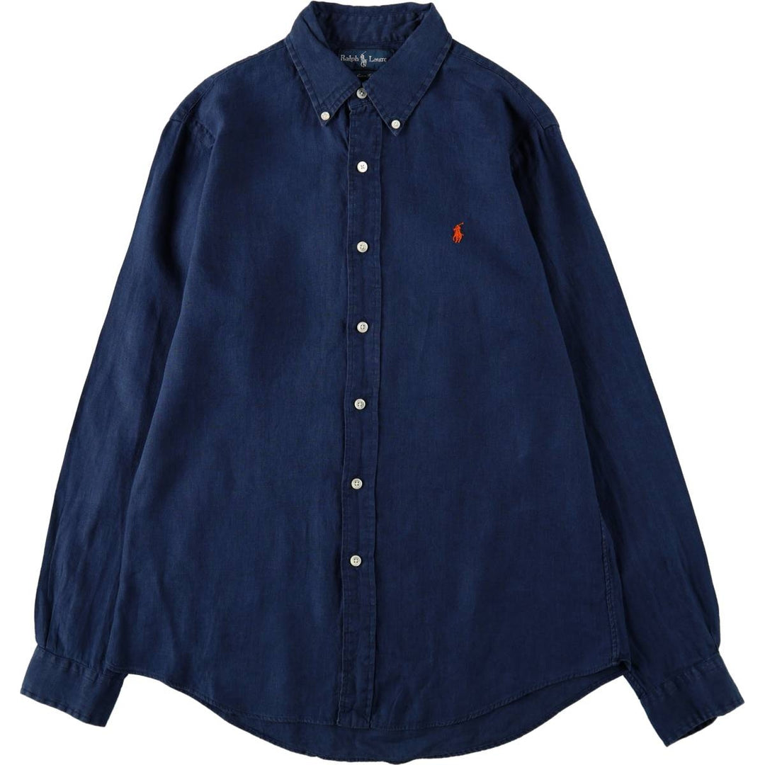 Ralph Lauren CUSTOM FIT long sleeve linen button down shirt, men's size M linen navy blue type Vintage Second Hand