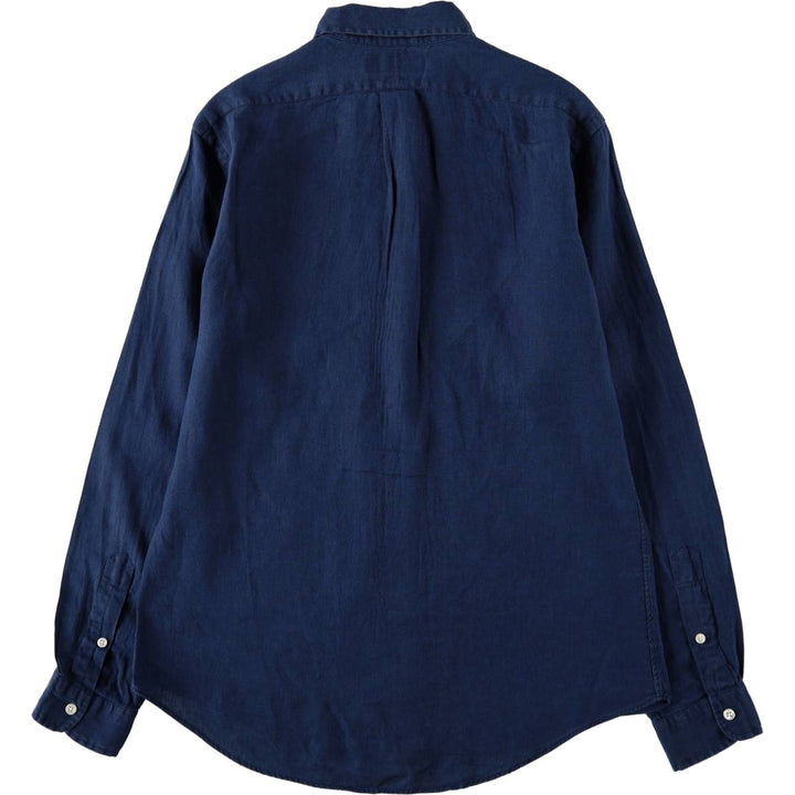 Ralph Lauren CUSTOM FIT long sleeve linen button down shirt, men's size M linen navy blue type Vintage Second Hand