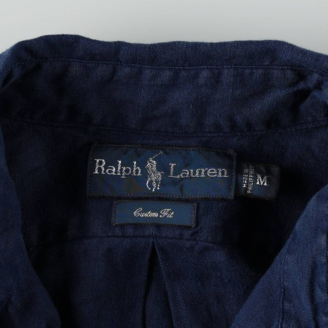 Ralph Lauren CUSTOM FIT long sleeve linen button down shirt, men's size M linen navy blue type Vintage Second Hand
